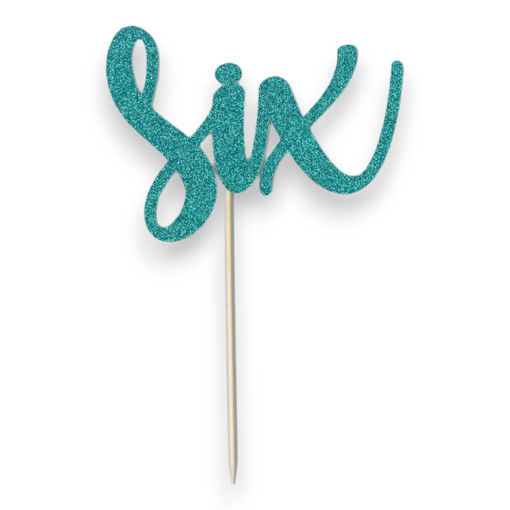 Picture of SIX CAKE TOPPER TURQUOISE GLITTER
